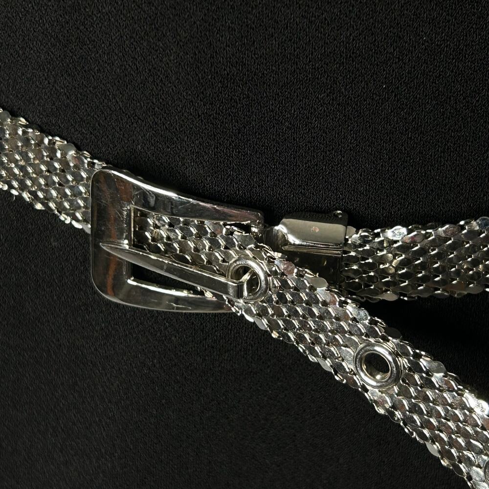 Silver Metal Mesh Belt Adjustable Grommet Buckle Y2K Disco 29” - Picture 7 of 9